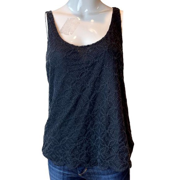 Ann Taylor LOFT Women Lace Blouse Tank Top Embroidered Scalloped Hem Black SZ S - Picture 1 of 6